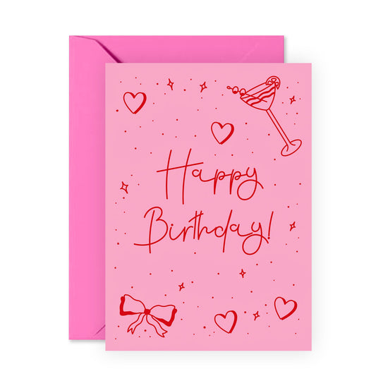 Happy Birthday Card - Fun Cocktail and Bow Design - Perfect for Friends, Besties, BFF, Her, Women, Family, or Colleagues - Blank Inside with Premium Red Envelope