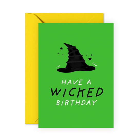 Wicked Birthday Card - Fun Witch Hat Design - Halloween Birthday Card for Friends, BFF, Bestie, Family, Him or Her - Magical Green Theme - Comes with Fun Stickers