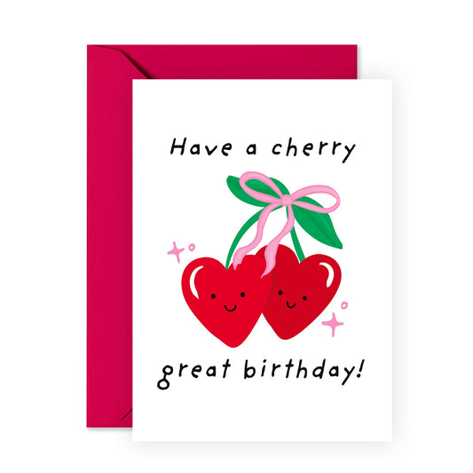 Cherry-Themed Birthday Card - Have a Cherry Great Birthday! - Fun and Cute Greeting Card for Friends, Family, Kids, Him or Her - Comes with Fun Stickers