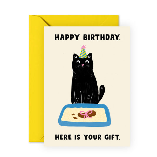 Funny Cat Birthday Card – "Here Is Your Gift" – Humorous Black Cat Litter Box Joke – For Cat Lovers, Fur Mom, Dad, Pet Owners, Colleagues, Him, Her, Friends & Family - Comes with Fun Stickers