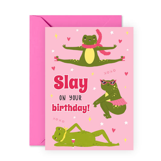Cheering Frog Birthday Card - Slay on Your Birthday! - Cute and Sassy Greeting Card for Friends, Sister, Besties, BFF, Girlfriend, Colleagues, Coworker, Her - Comes with Fun Stickers