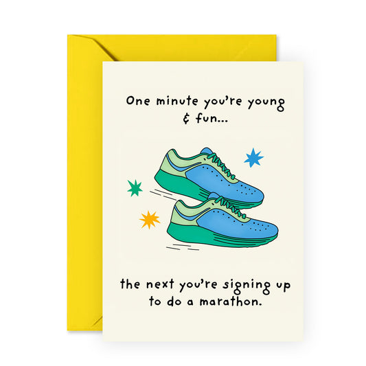 Funny Birthday Card – 'Signing Up for a Marathon' – Humorous Greeting Card for Him, Her, Runners, Fitness Enthusiasts, Colleagues and Friends - Comes with Fun Stickers