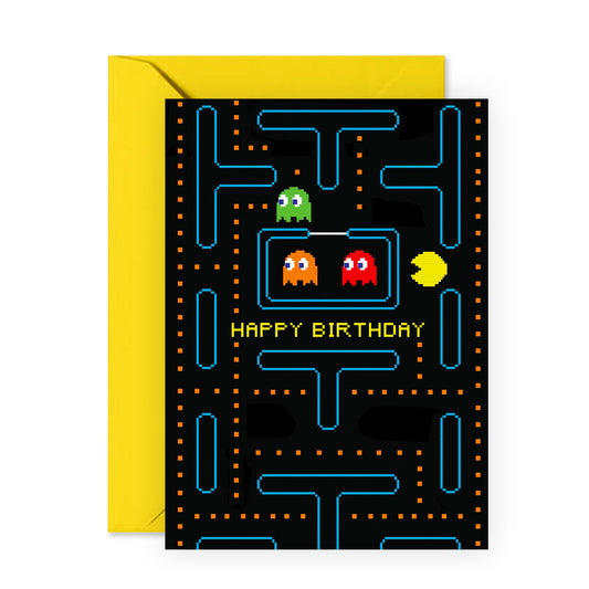 Retro Gaming Birthday Card - Fun Pixelated Arcade Design - Presents for Gamers, Boys, Kids, BFF, Nephew, Son, Boyfriend, Friends, or Neighbour - Pac-man - Perfect for Birthdays