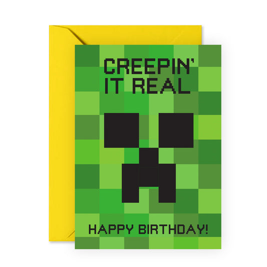 Fun Minecraft-Inspired Birthday Card - 'Creeping It Real' Gamer Gifts for Kids, Boy, Son, Nephew, Niece, Girls, Teens, Grandkids, Friends, Neighbours and Him - Comes with Fun Stickers