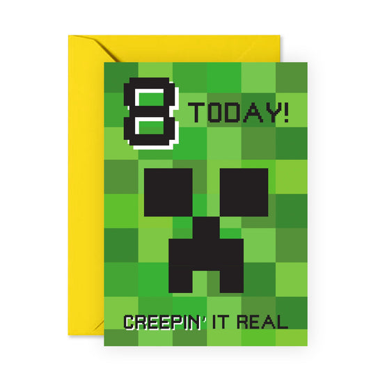 8th Birthday Minecraft-Inspired Card - 'Creeping It Real 8 ' Gamer Gifts for Kids, Boy, Son, Nephew, Niece, Girls, Children Grandkids, Neighbours and Him - Eight Years Old - Comes with Fun Stickers