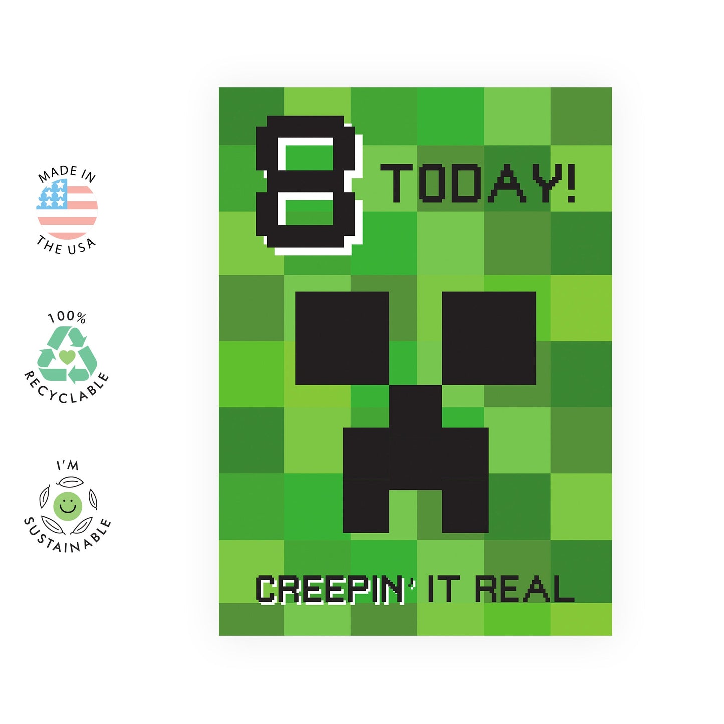 8th Birthday Minecraft-Inspired Card - 'Creeping It Real 8 ' Gamer Gifts for Kids, Boy, Son, Nephew, Niece, Girls, Children Grandkids, Neighbours and Him - Eight Years Old - Comes with Fun Stickers