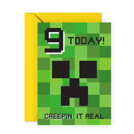 9th Birthday Minecraft-Inspired Card - 'Creeping It Real 9 ' Gamer Gifts for Kids, Boy, Son, Nephew, Niece, Girls, Children Grandkids, Neighbours and Him - Nine Years Old - Comes with Fun Stickers