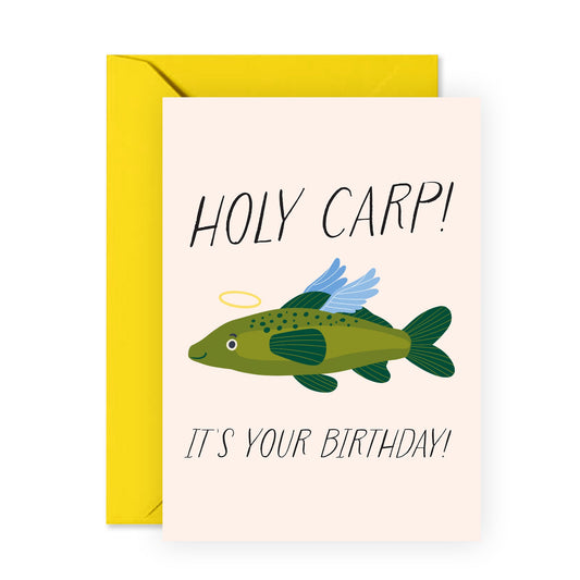 Funny Fish-Themed Birthday Card for Women Men – ‘Holy Carp!’ – Humorous Gifts for Friends, Colleagues, Coworkers, Bestie, BFF, Mom, Dad, Brother, Sister, Fishing Lovers - Comes with Stickers