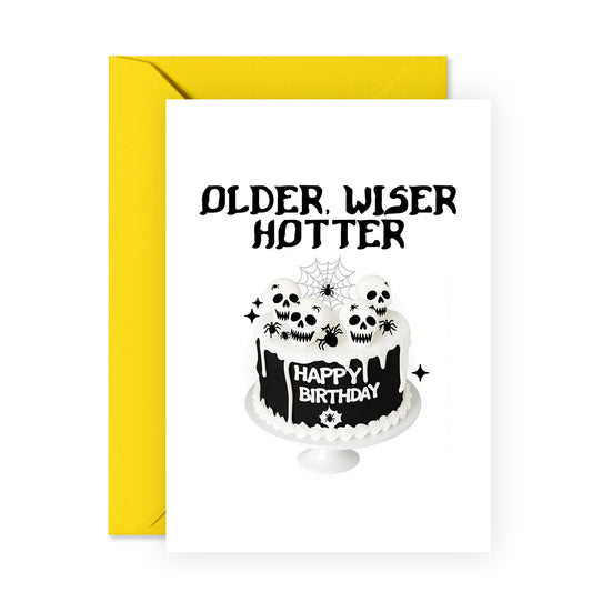 Gothic Cake Birthday Card Women – ‘Older, Wiser, Hotter’ Skulls – Gifts for Alternative, Emo, Goth Friends, Music Lovers, Friends, BFF, Bestie, Cool Girls, Ladies, Girls, Female - Comes with Stickers