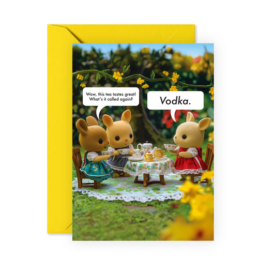 Vodka-Themed Greeting Card – “ What’s It Called Again? Vodka.” – Gifts for Friends, Colleagues, BFF, Bestie, Sister, Brother, Him, Her, Aunt, Family - Funny Bunny Tea Party - Comes with Stickers