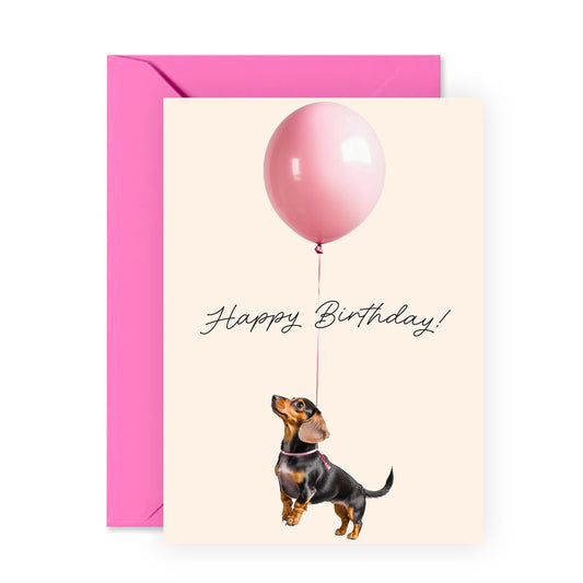 Birthday Card - Cute Sausage Dog with Balloon – Gifts for Dachshund Lovers, Fur Mum, Her, Daughter, Friend, Bestie, BFF, Niece, Grandma, Sister, Wife, Girlfriend, Colleagues - Comes with Fun Stickers