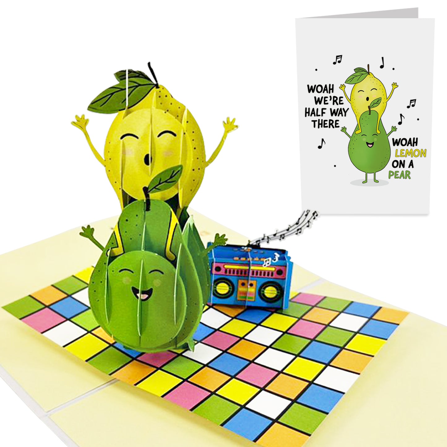 Cute Funny Pop Up Card - Lemon on a Pear - Pear - Lemon - Pun - For Men Women Boys Girls Him Her