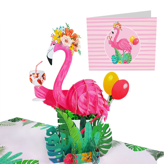 Pink Pop Up Card - Flamingo On Vacation - For Women Girls Her