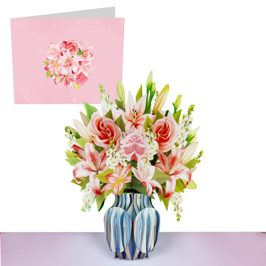 Floral Pop Up Card - Pink Lily and Rose - For Women Girls Her