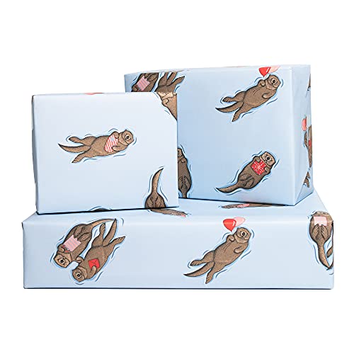 Otter Wrapping Paper - 6 Sheets of Gift Wrap - 'Birthday Otters' - Blue Gift Wrap - For Men Women Him Her Boys Girls Kids