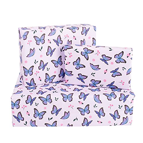 Butterfly Wrapping Paper - 6 Sheets of Gift Wrap - 'Butterflies and Flowers' - Pink Gift Wrap - For Women Girls Her Kids