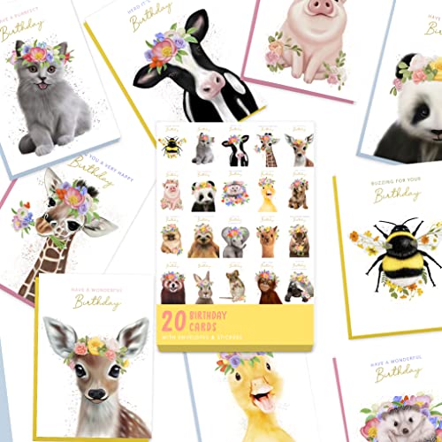 Cute Animal Birthday Cards Multipack - 20 Pack Assortment - For Men Women Boys Girls Him Her