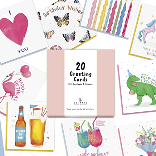 Cute Birthday Cards Multipack - 20 Pack Assortment - For Men Women Boys Girls Him Her