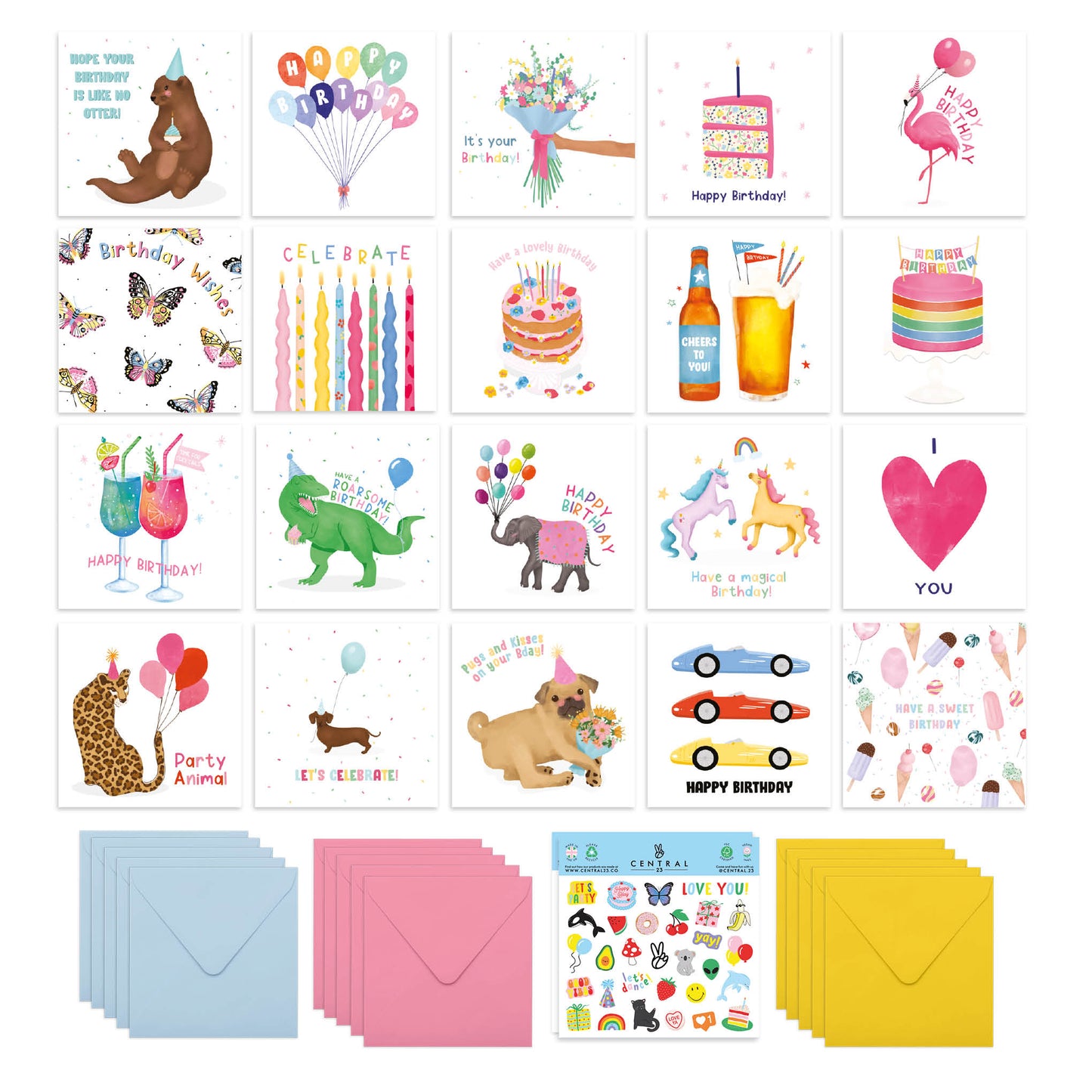 Cute Birthday Cards Multipack - 20 Pack Assortment - For Men Women Boys Girls Him Her