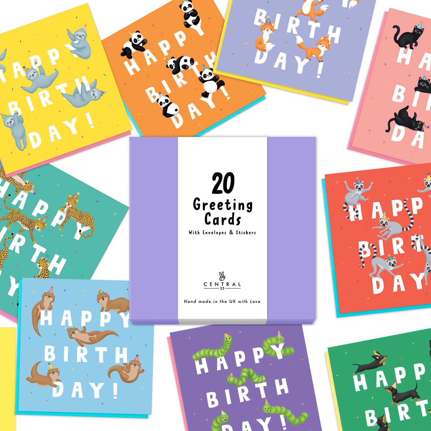 Cute Animal Birthday Cards Multipack - 20 Pack Assortment - For Men Women Boys Girls Him Her