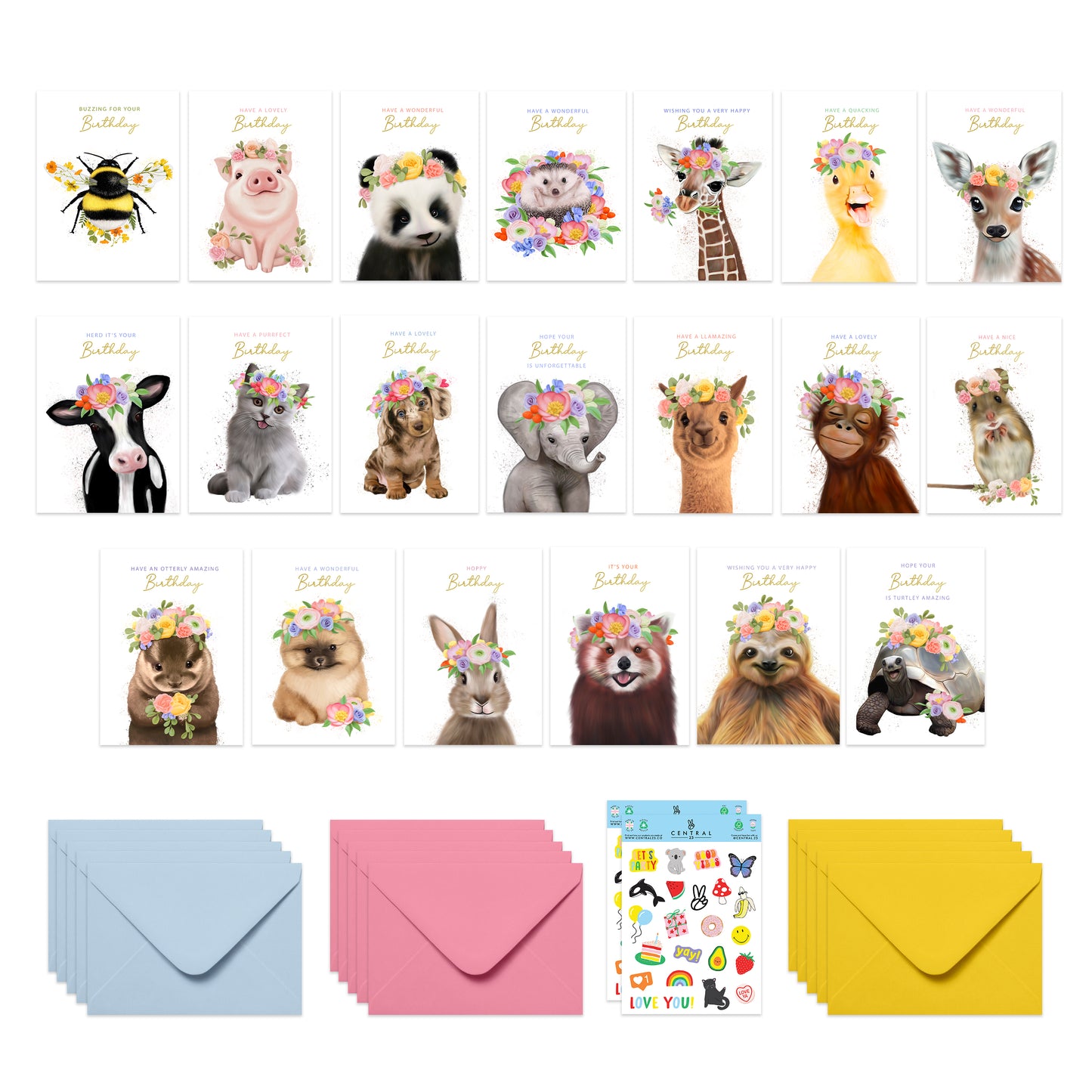 Cute Animal Birthday Cards Multipack - 20 Pack Assortment - For Men Women Boys Girls Him Her