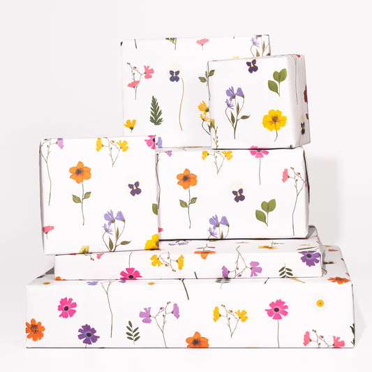 Pressed Flowers Wrapping Paper - 6 Sheets of Gift Wrap - 'Pressed Flowers' - White Gift Wrap - For Women Girls Her