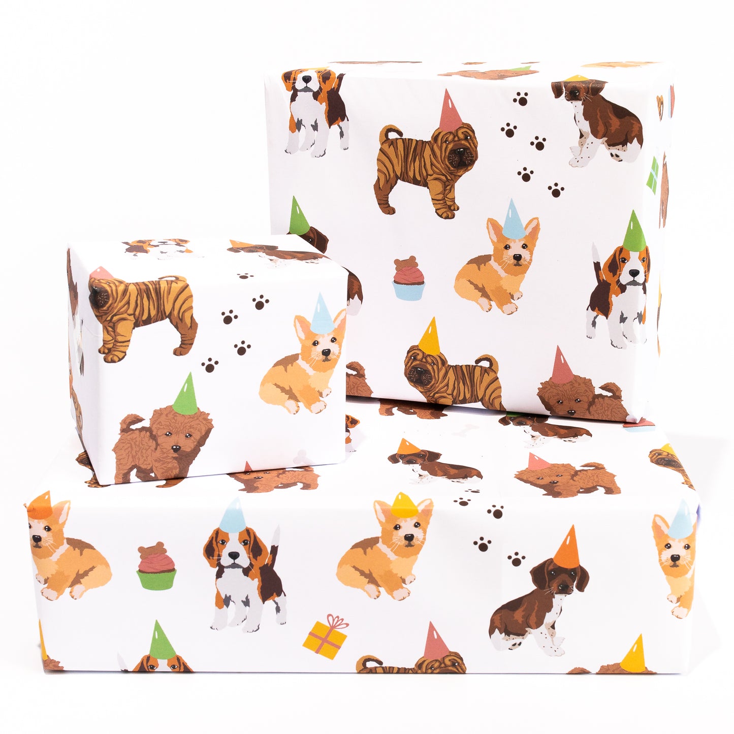 Dog Wrapping Paper - 6 Sheets of Gift Wrap - 'Puppy Birthday' - White Gift Wrap - For Men Women Him Her Boys Girls Kids