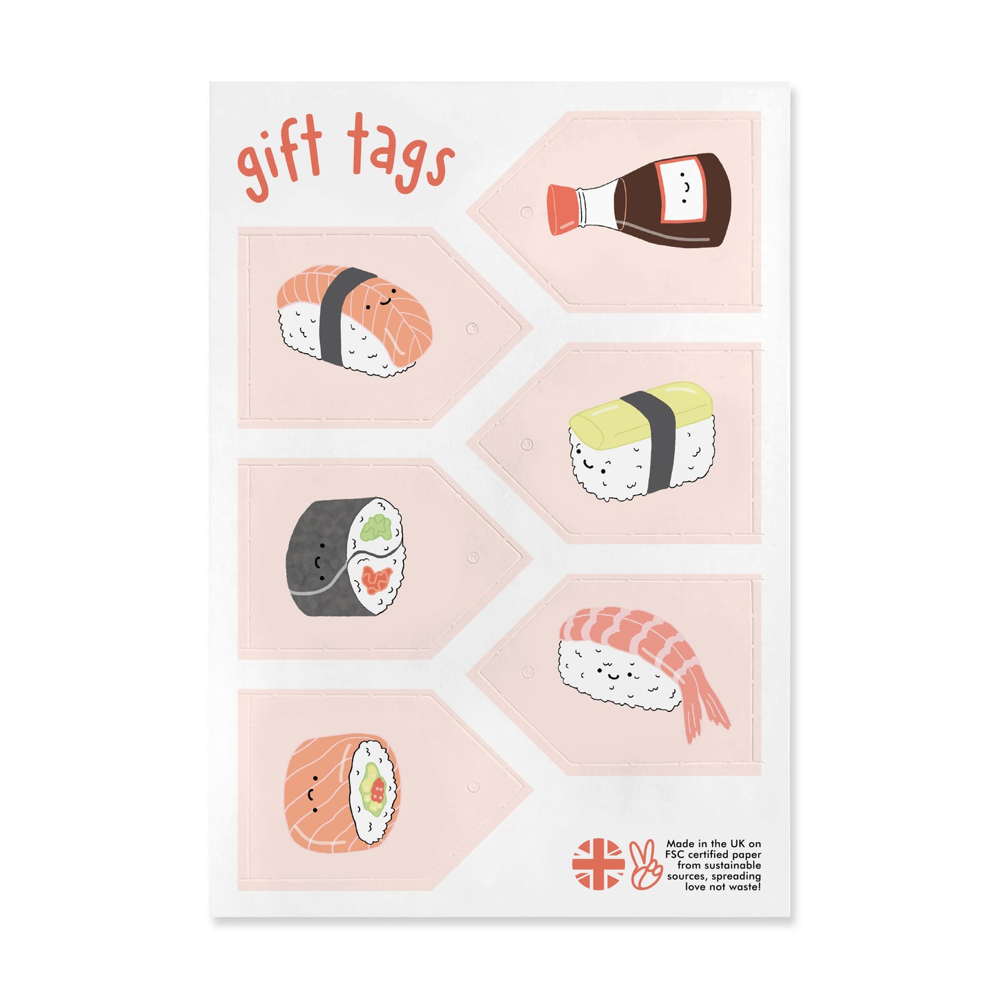 Sushi Wrapping Paper - 6 Sheets of Gift Wrap - 'Sushi' - Pink Gift Wrap - For Girls Women Her Kids