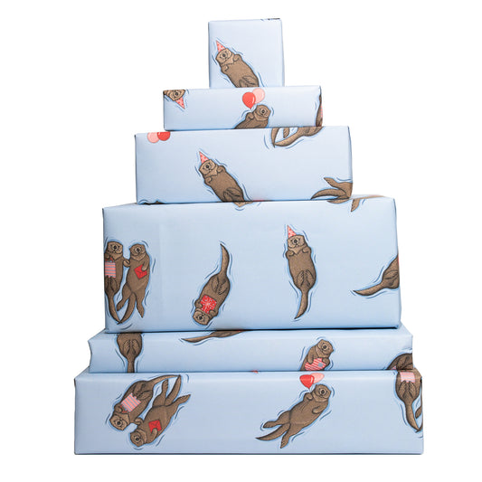 Otter Wrapping Paper - 6 Sheets of Gift Wrap - 'Birthday Otters' - Blue Gift Wrap - For Men Women Him Her Boys Girls Kids