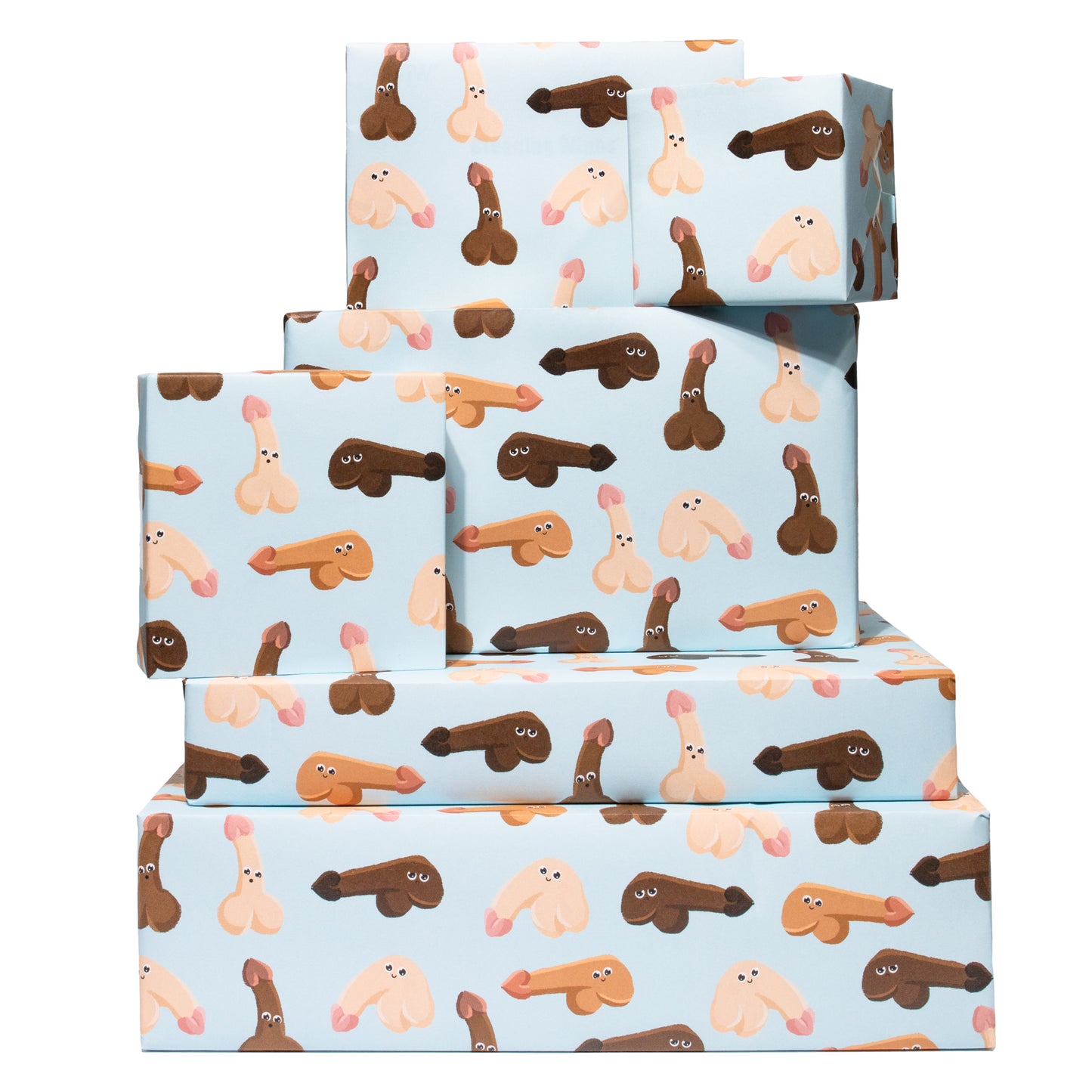 Funny Naughty Wrapping Paper - 6 Sheets of Gift Wrap - 'Willies with Faces' - Blue Gift Wrap - For Women Her